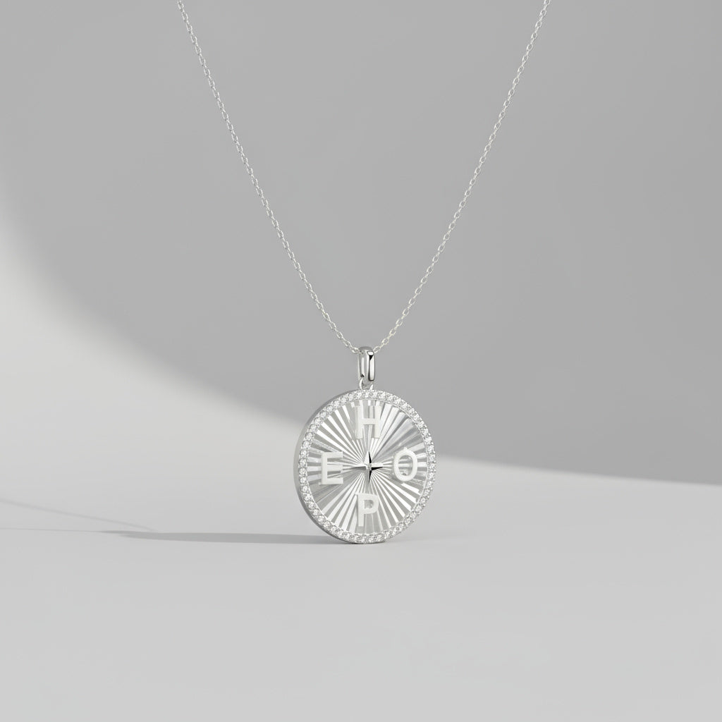 Rhodium Plated Personal Story Medallion Necklace – Lucky Symbol & Engravable(Pleated)AW24N007B