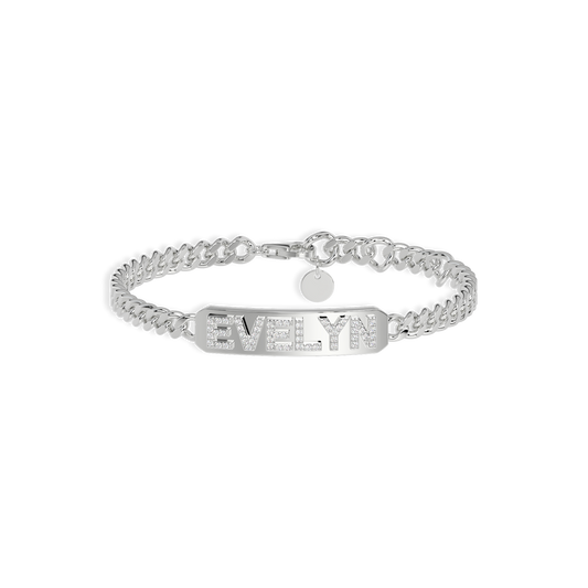 Rhodium Plated Silver Pavé Letter ID Bar Curb Chain Bracelet His & Her ID Bar AW24B001R