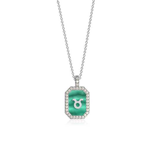Rhodium Plated Silver Malachite Zodiac & Initial Necklace – Octagon AW24N004R